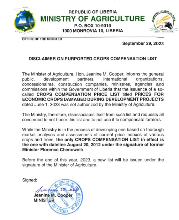 MOA’S DISCLAIMER ON PURPORTED CROPS COMPENSATION LIST