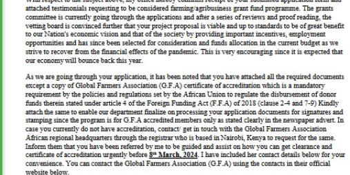 DISCLAIMER- FAKE LETTER - GRANTS FUND APPROVAL LETTER