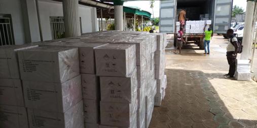 Pesticides being offloaded at the PMU offices.